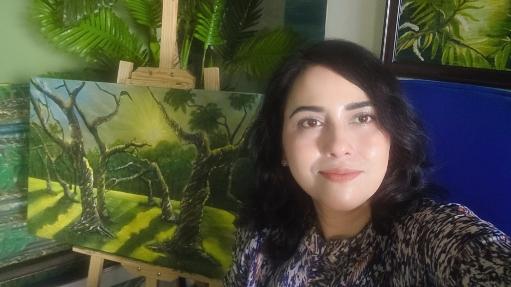 Contemporary paintings by Indian artist Ruckshana Khan featuring bold colors, nature-inspired realism, birds, forests, and emotionally expressive acrylic artworks.