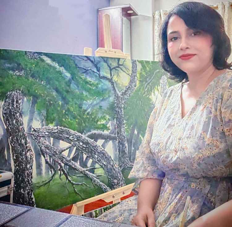 Contemporary paintings by Indian artist Ruckshana Khan featuring bold colors, nature-inspired realism, birds, forests, and emotionally expressive acrylic artworks.