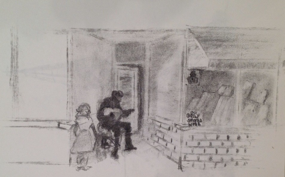 Sketch of Doebelly by Milton R. Trice, preserving the memory of the last street performer of Oklahoma City's historic Deep Deuce jazz district through Stereo-Realism.